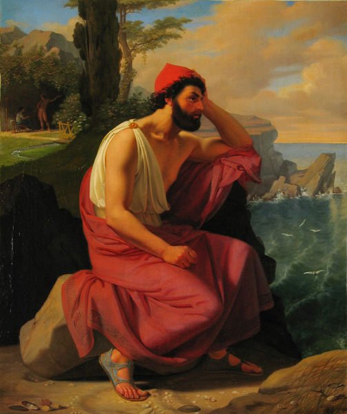 This painting represents one of the legendary Greek heroes, named Odysseus. The lonely king of Ithaca is sitting on a rock on the Calipso's island. He is dressed in purple white clothes.
