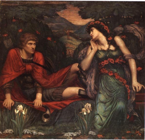 This painting represents Ares as a young beardless warrior, accompanied by the goddess of love, Aphrodite. 