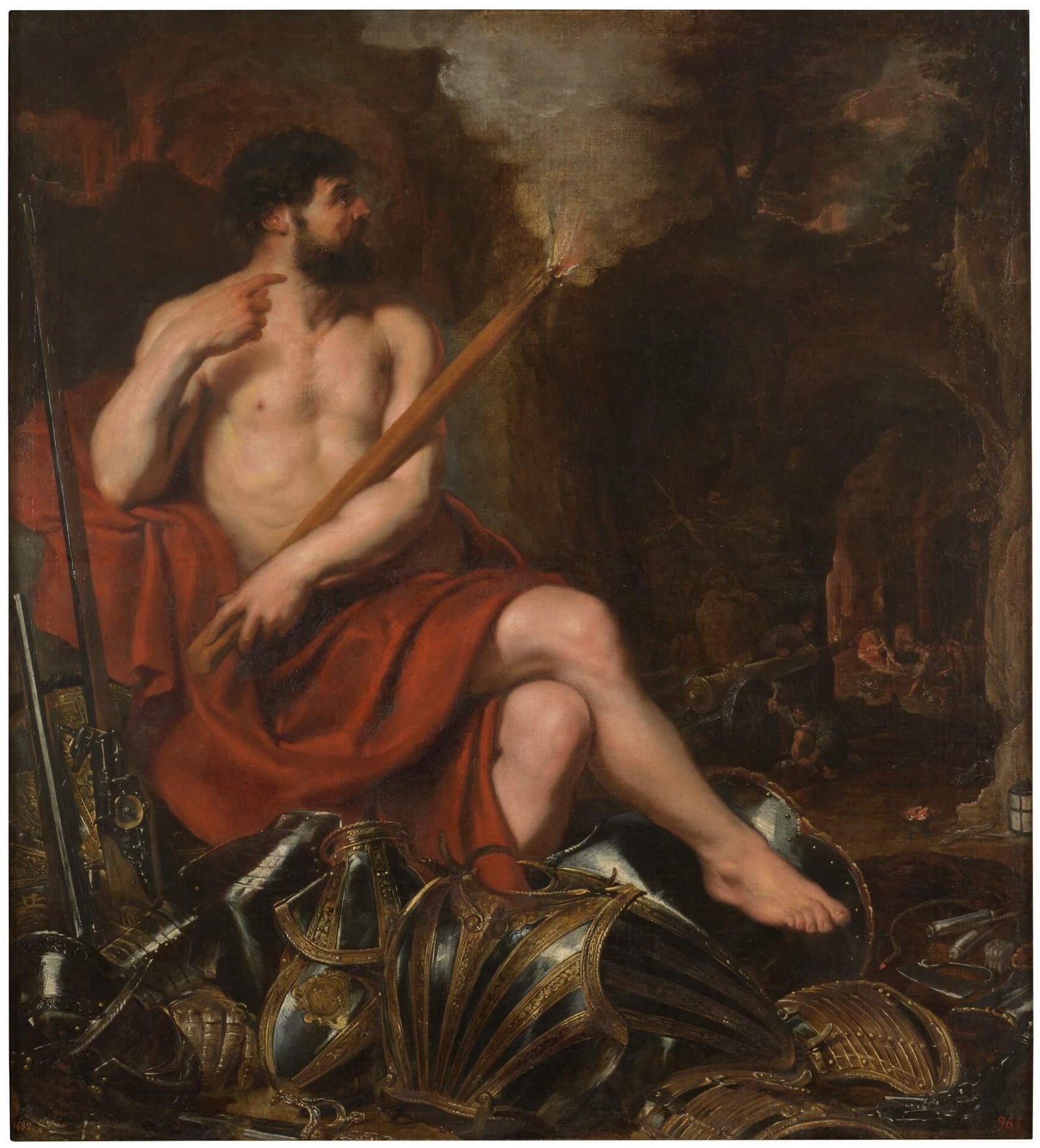 This painting represents Hephaestus sitting in a cavern (Moutn Etna) with a log in his hands and the pieces of black and gold ebony armour at his feet.