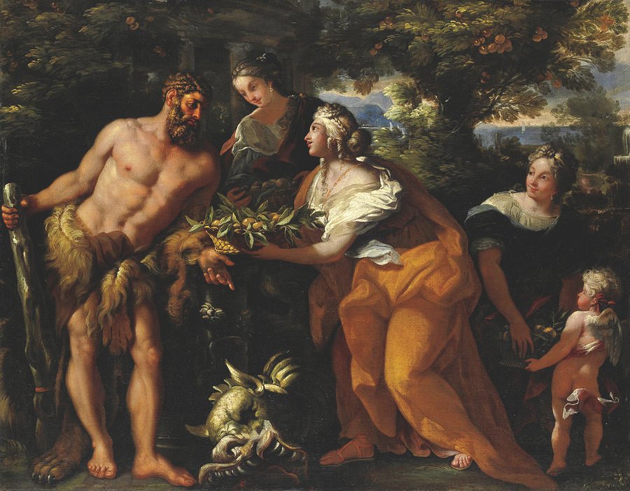 This painting represents Hercules speaking with the three Hesperides in their garden.