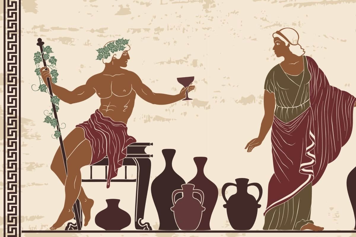 This fresco in color depicts Dionysus with wine and a woman.