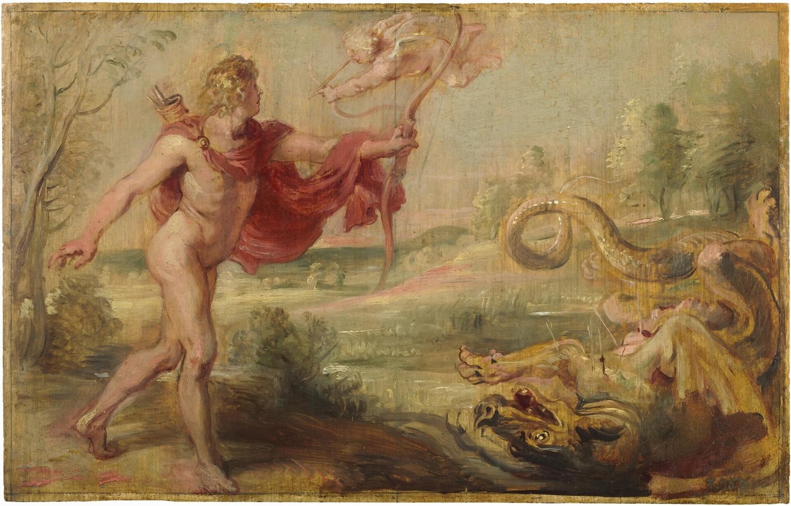 The painting represents a blonde chubby Apollo, and the corpse of the dragon Python (a servant of Hera), whom he just killed with bow and arrows.