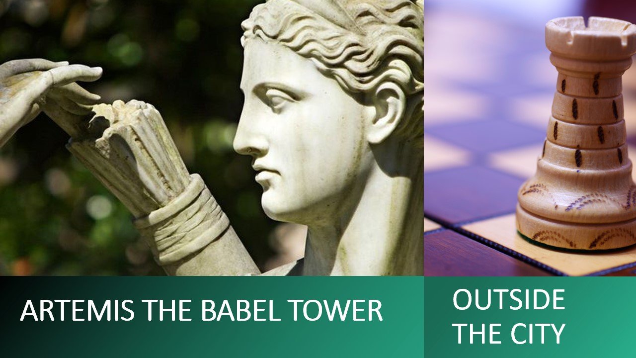 This image represents Artemis compared to the Rook of Chess. The phrases written below the sculpture and the rook says: Artemis the Babel Tower and Outside the City, as a reference to the duality of Chaturanga and Chess.