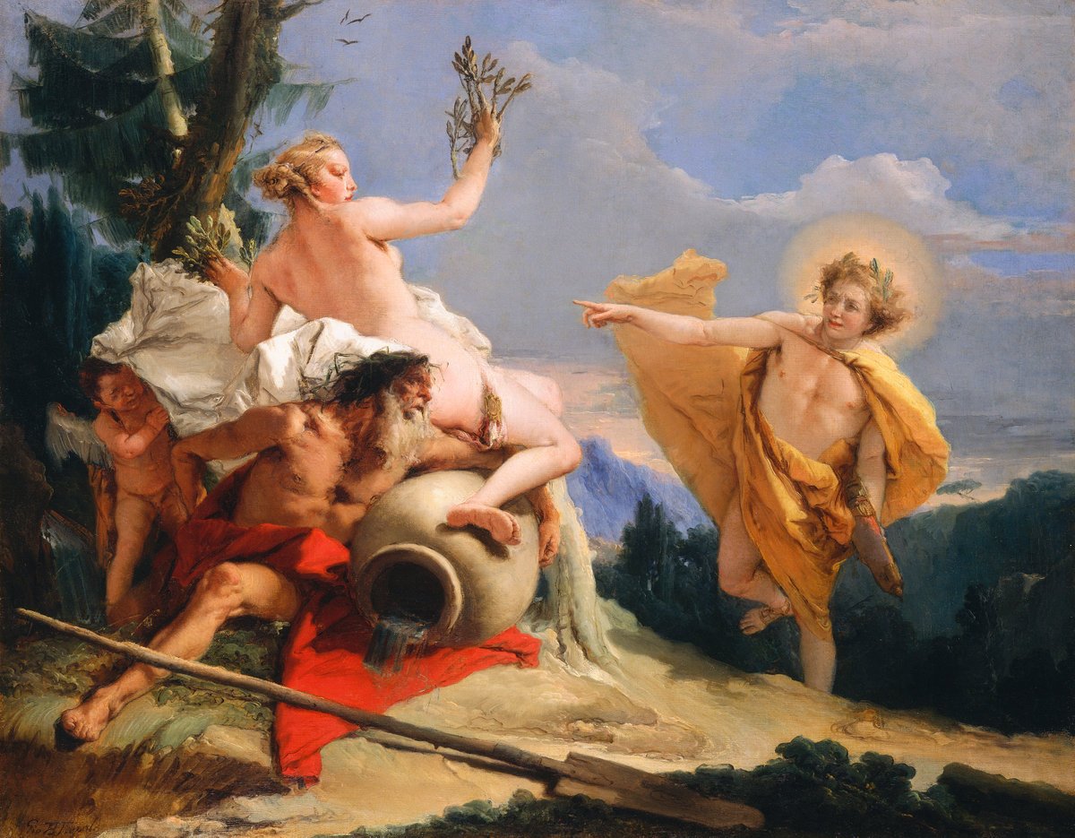 This painting represents Apollo as a young blonde man, dressed in orange robes, pursuing Daphne, who is about to turn into a laurel tree.