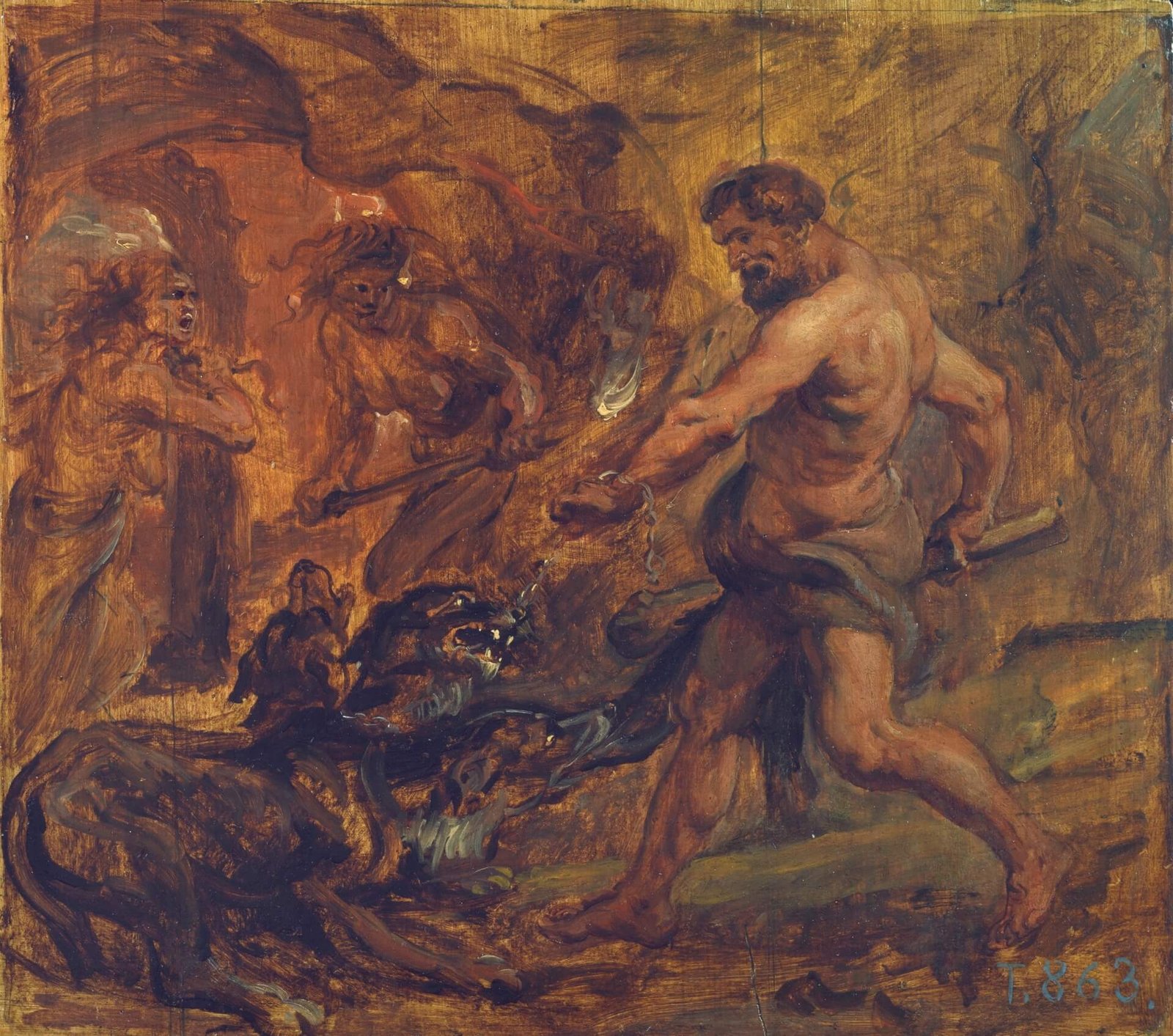 This painting represents one of the legendary Greek heroes, named Heracles. He is fighting against Cerberus in the kingdom of Hades.