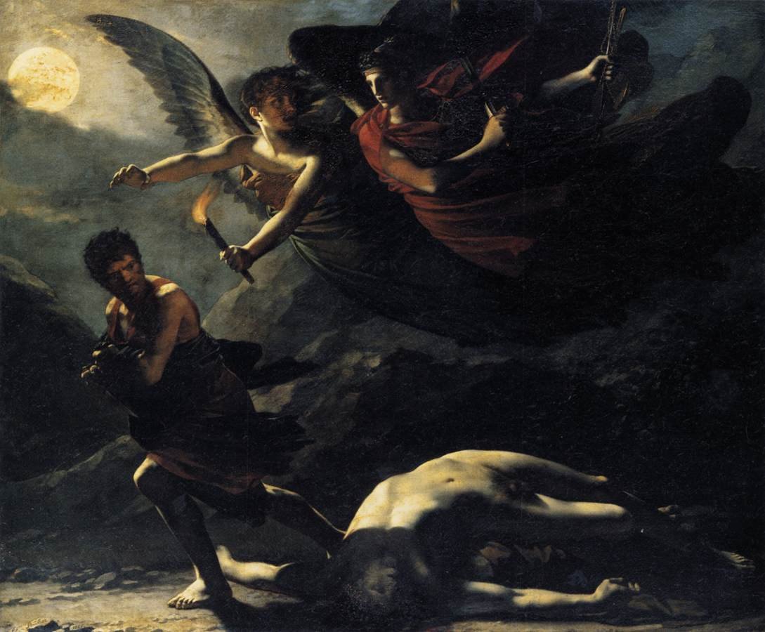 This painting represents Justice and Divine Vengeance as two young women, holding a torch and sword while overflying and pursuing a criminal, who killed and robbed a man.
