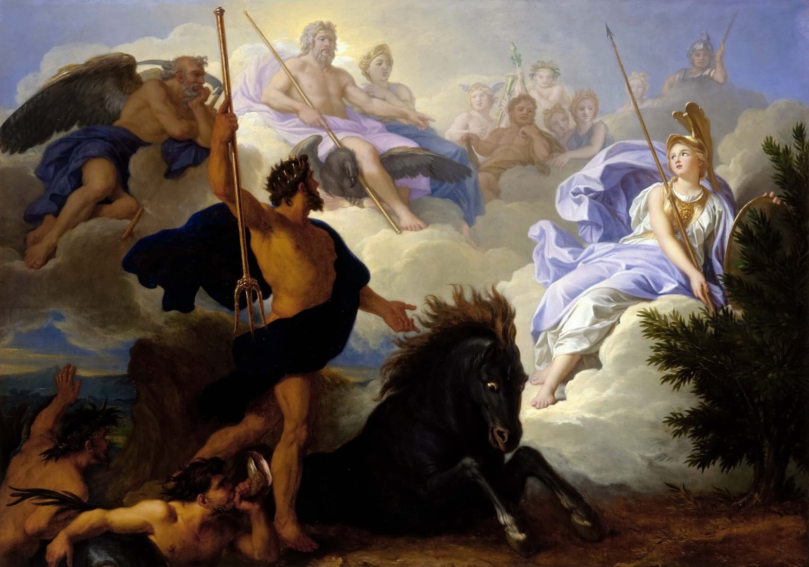 This painting represents Poseidon and Athena, surrounded by the other gods, sitting on the clouds and having a dispute.