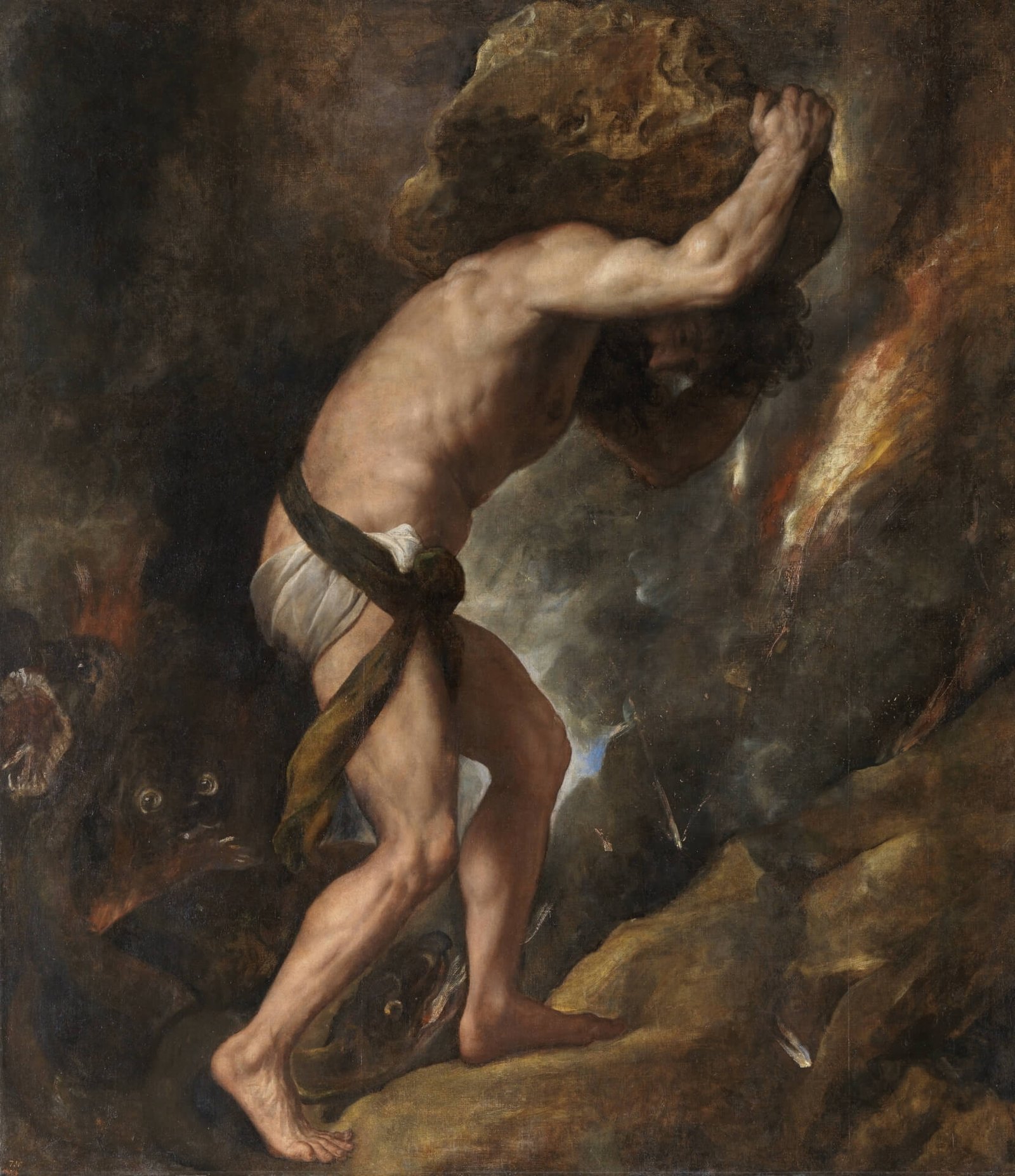 This painting represents Sysyphus as a tired man, carrying a large boulder on his back. It happens in the gloomy realm of Hades.