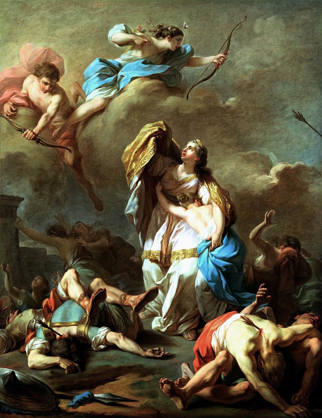 This painting represents Apollo and Artemis slaying the children of Niobe with their bows and arrows.