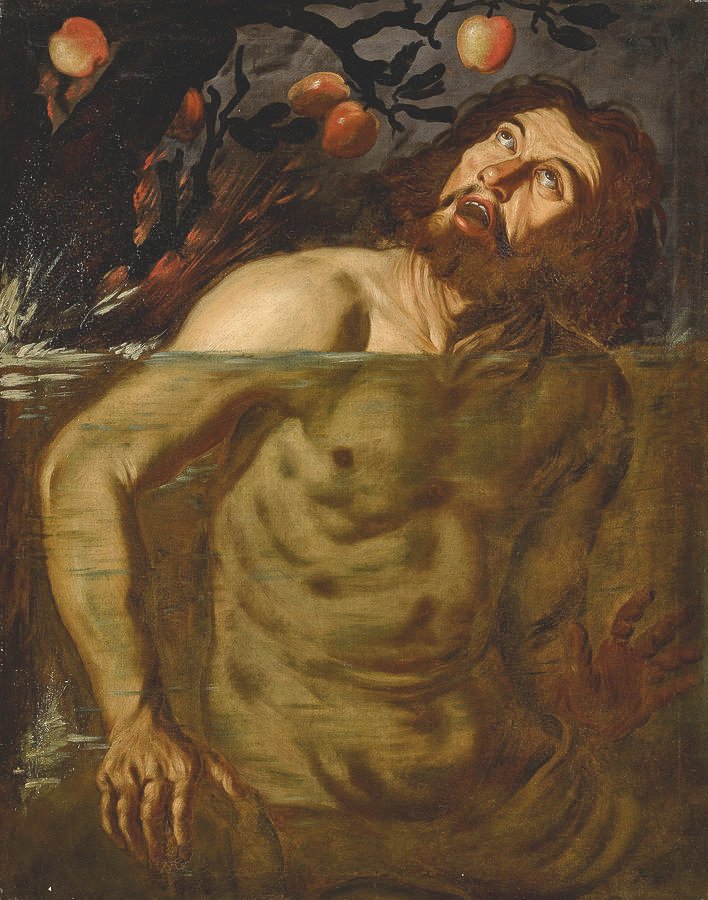 This painting represents Tantalus and his torture in Hades. The water is above his chest, but he is not able to drink it and reach the apples, hanging over his head.