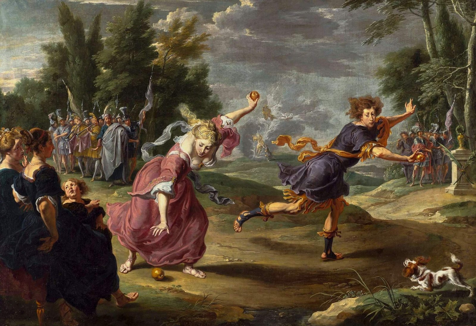 This painting represents Hippomenes throwing the golden apples to distract Atalanta. It looks like a painting depicting a scene from 17th century.