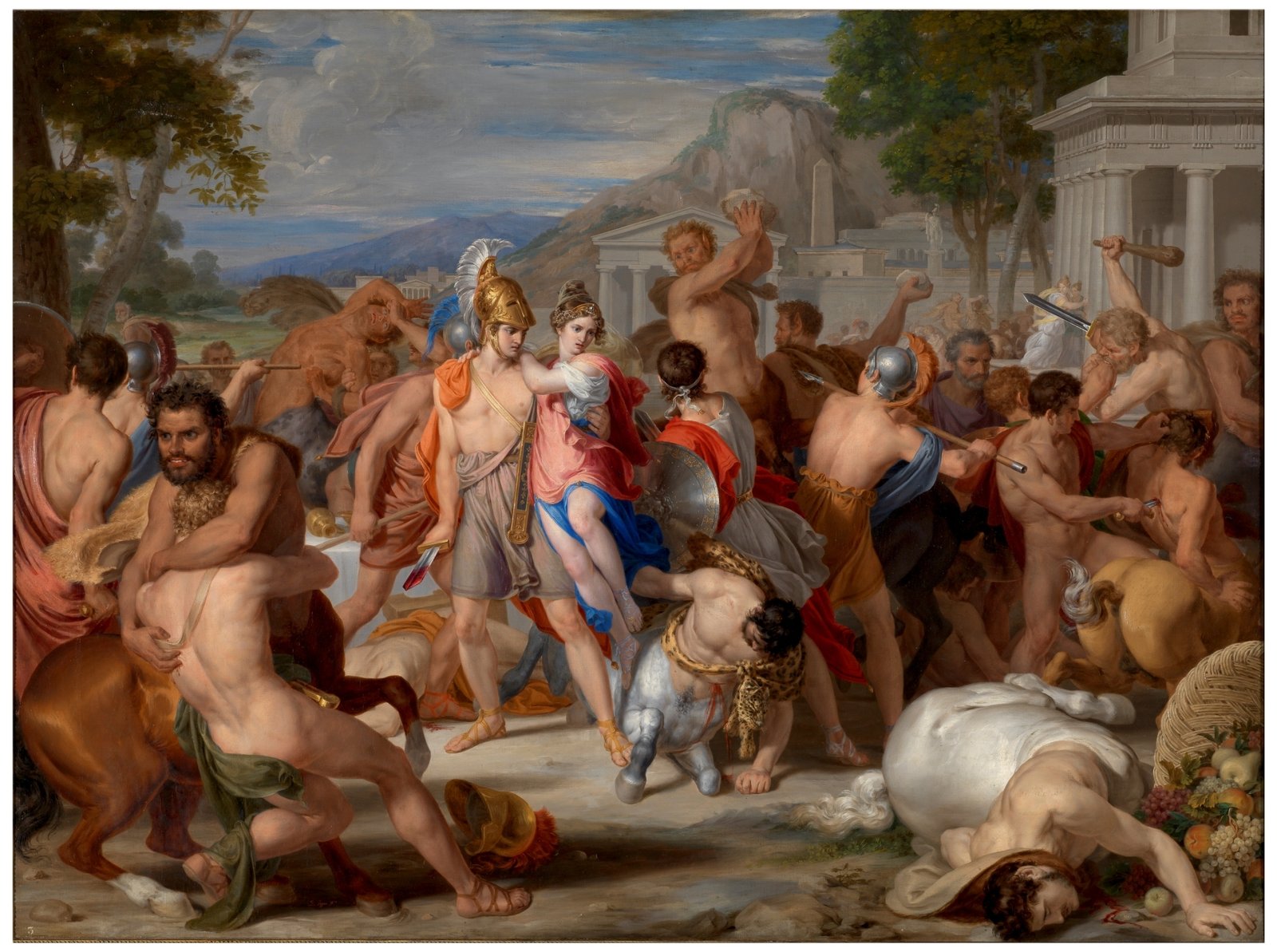 This painting represents the Lapiths and the Centaurs fighting against each other.
