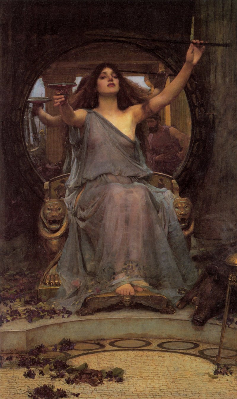 This painting represents Circe offering a cup to Odysseus, meanwhile he is reflected in the mirror, that she has behind her throne.