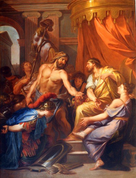 This painting represents Heracles in the court of the king Eurystheus, giving him the belt of Hippolyta.