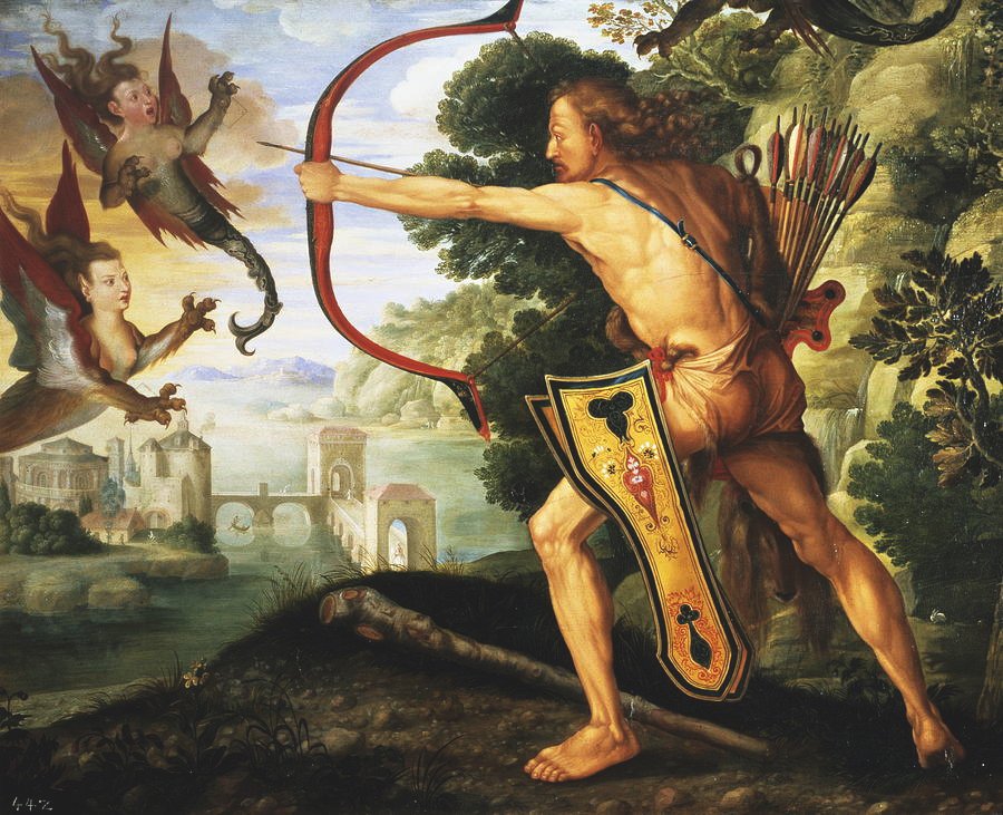 This painting represents Hercules as a middle-aged athletic warrior, shooting his bow to kill the Stymphalian Birds.