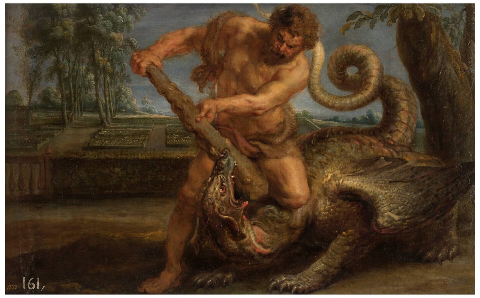 This painting represents athletic middle-aged Hercules killing a dragon in the garden of the Hesperides