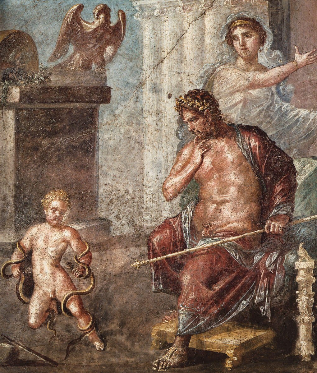 This Roman fresco represents little Heracles strangling the snakes of Hera before the eyes of his parents.