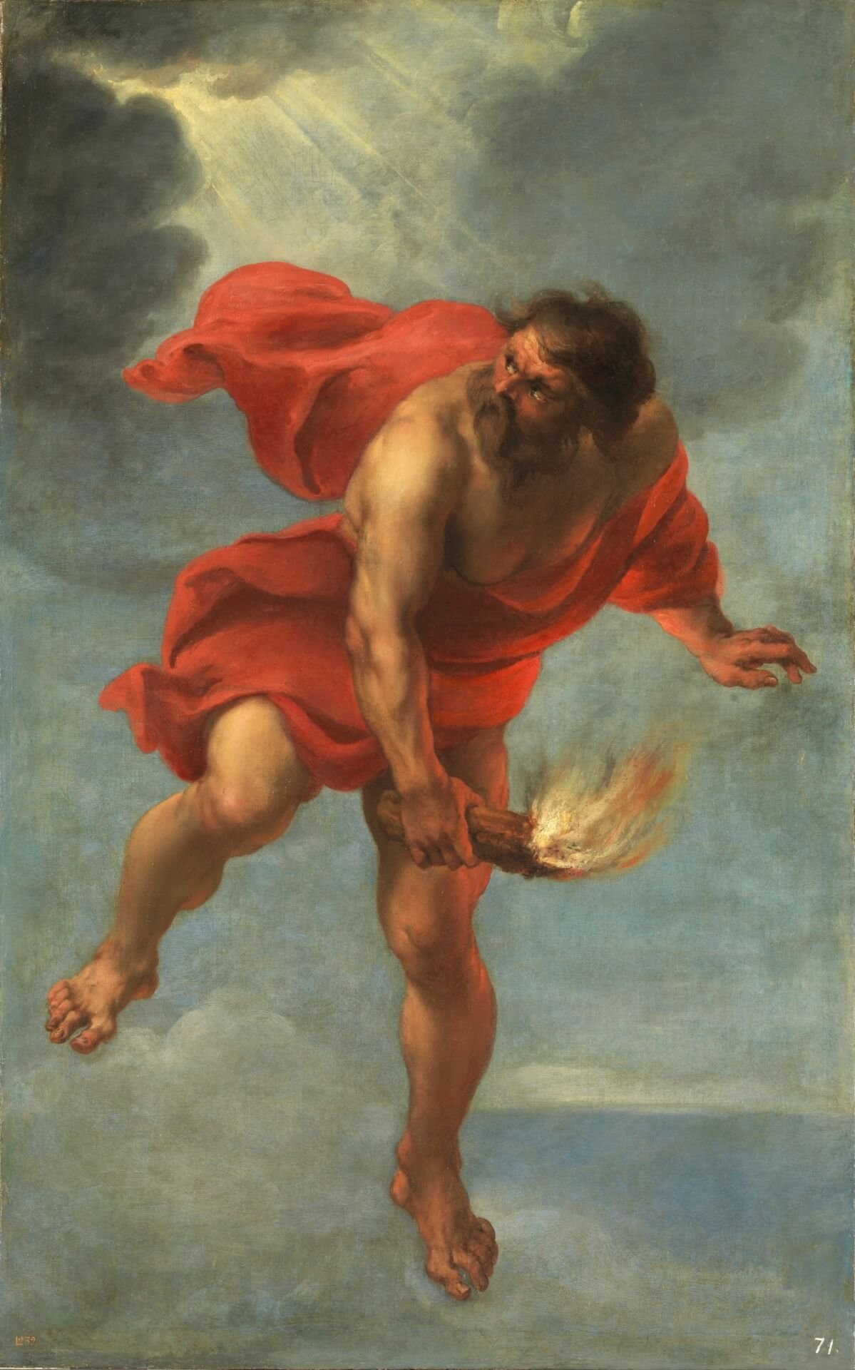 This painting represents Prometheus flying in the sky with a torch of fire.