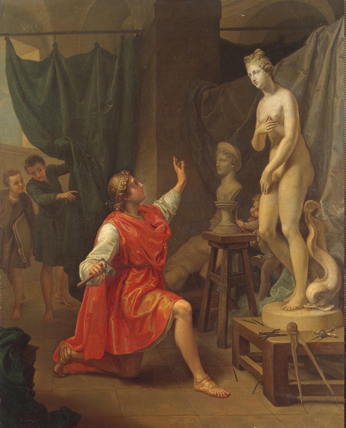 This painting represents Pygmalion, admiring the statue of Galatea. Aphrodite had given her life, turning the sculpture into a real woman.