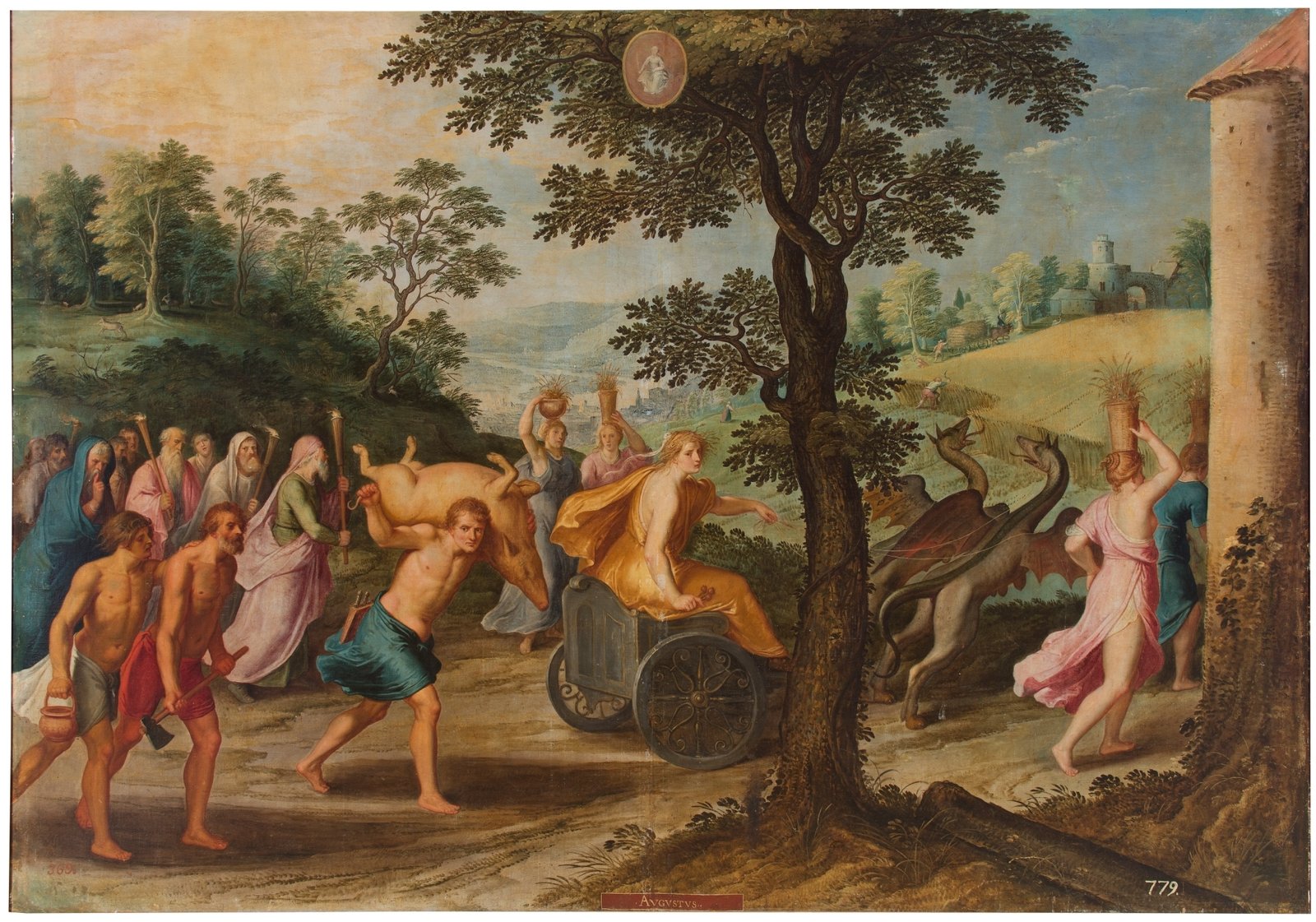 This painting represents Ceres, the roman goddess of agriculture riding a charriot, drawn by two little dragons and a crowd of people walking by her side.