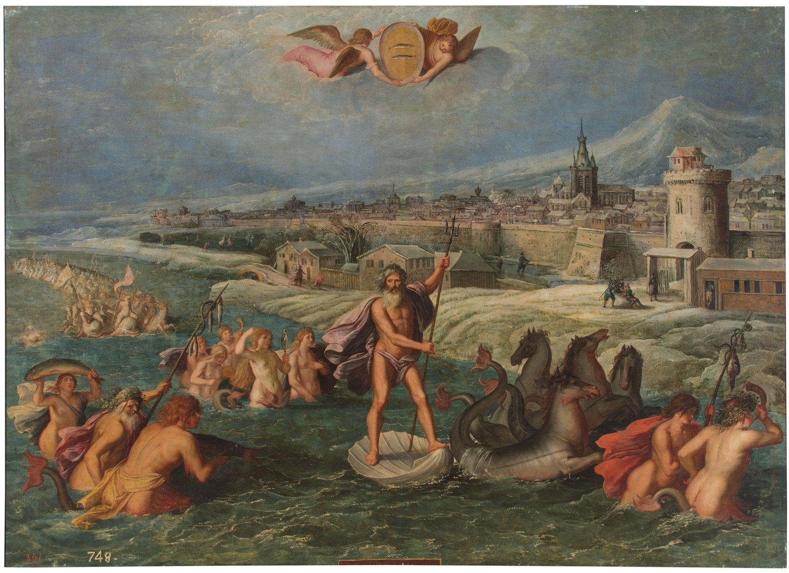 This painting represents Poseidon surrounded by maritime creatures and sea nymphs. They make their entrance onto the shore of a city.
