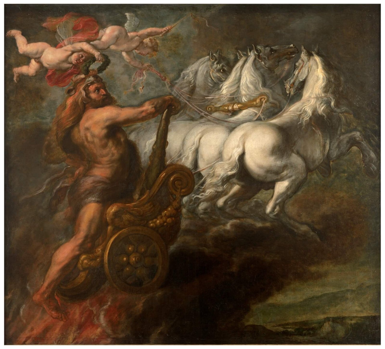 This painting represents Heracles riding a chariot drawn by four white horses.